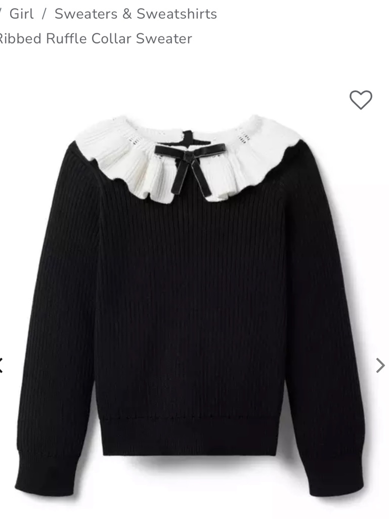 Janie & Jack Ribbed Black Sweater With White Ruffle Collar And Velvet Bow